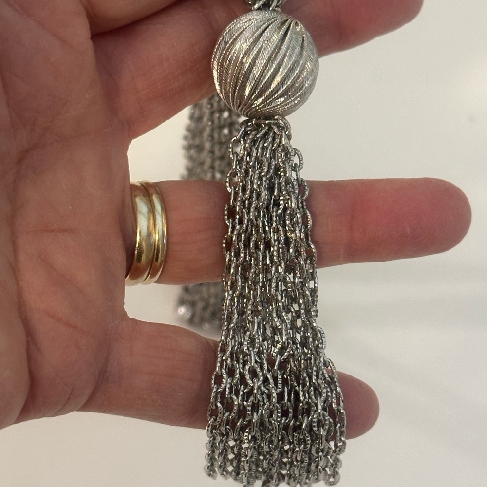 Crown Trifari Silver Tone Multi-Strand Tassel Necklace Textured Ball - Picture 6 of 10